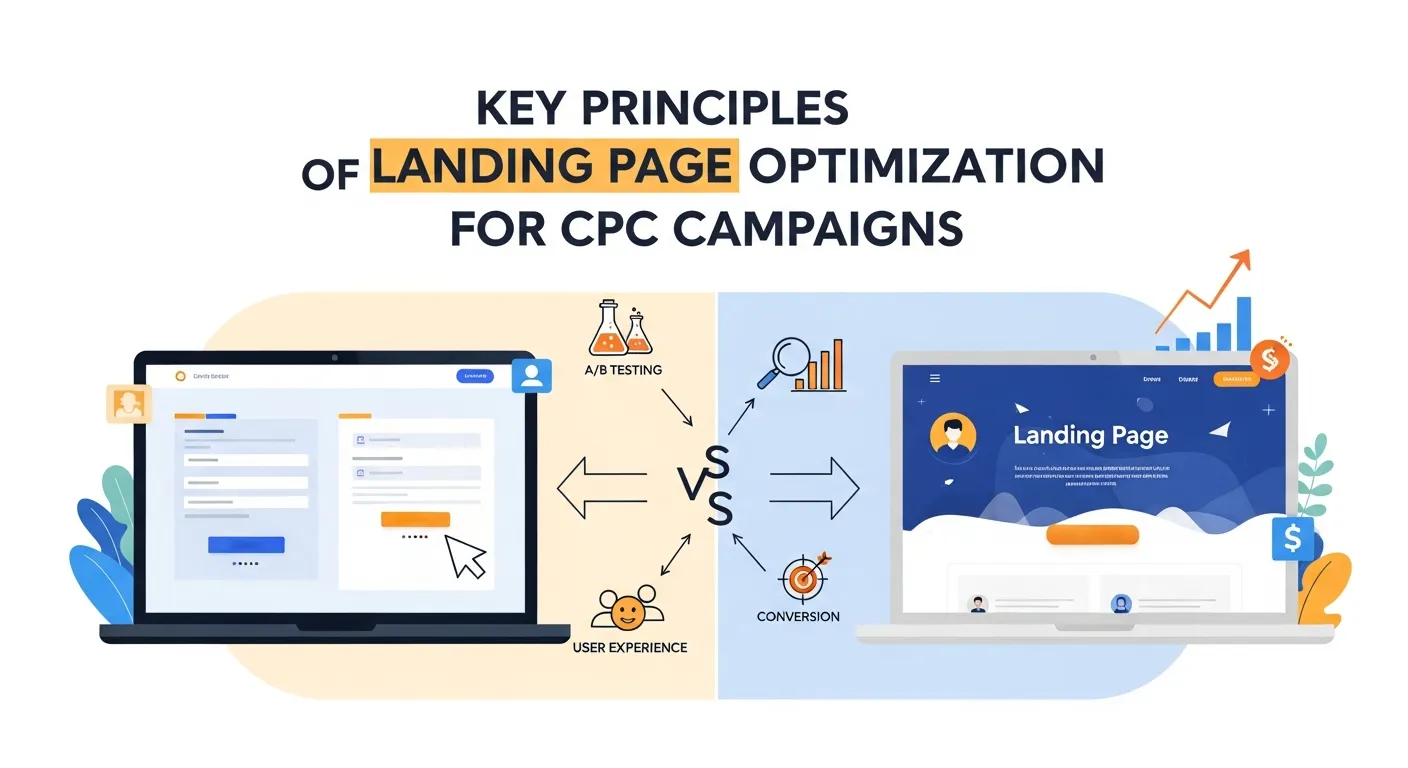 Visual overview of key principles for optimizing landing pages in CPC advertising campaigns