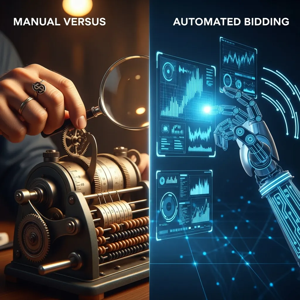 Manual vs automated bidding in SEM strategies for SaaS showing bid control, AI automation, and performance comparison