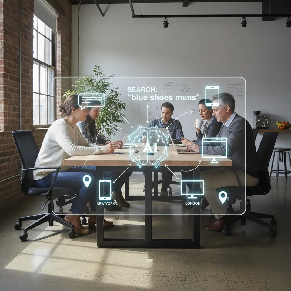 An AI-driven analytics hub receiving diverse user signals — illustrated by a central neural-network or brain icon with arrows feeding in search query bubbles, click-path lines, device silhouettes (mobile, desktop), and location pins — to show how AI interprets user behavior in real time.