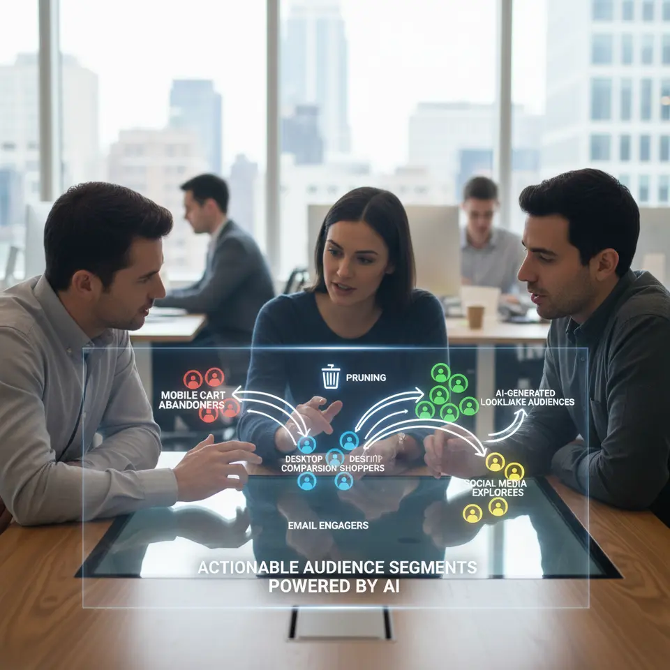 A dynamic micro-segmentation diagram: colorful user-icon clusters labeled “Mobile Cart Abandoners,” “Desktop Comparison Shoppers,” etc., with arrows depicting pruning of low-value groups and expansion into lookalike audiences, representing actionable audience segments generated by AI.