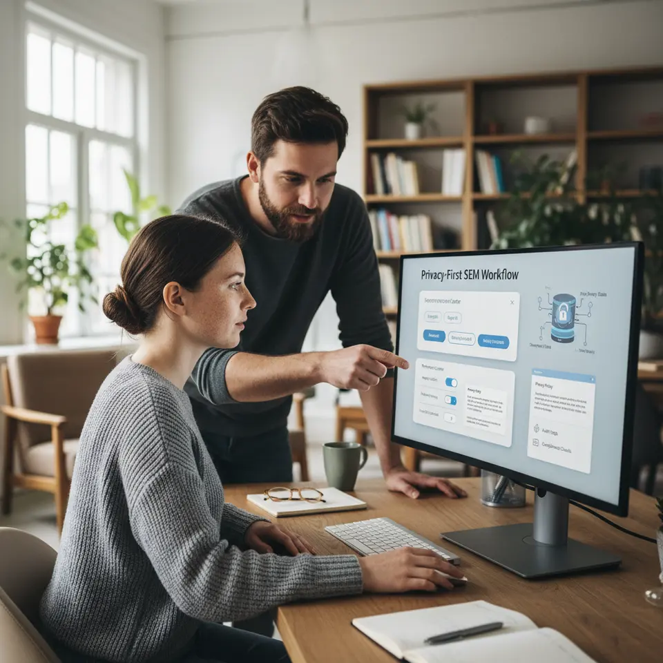Privacy-First SEM Workflow: a step-by-step diagram showing a user interacting with a cookie consent banner and preference center, minimal data fields being collected, a transparent privacy policy pop-up, and first-party data flowing into an encrypted server environment with audit checks