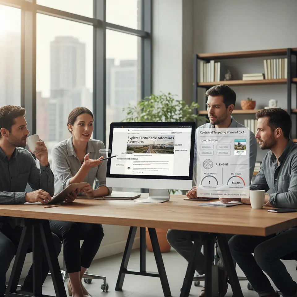 Contextual Targeting Powered by AI: a visual of a webpage being analyzed for keywords (e.g., “eco-friendly tours”), grouped into topic clusters, and an AI engine adjusting ad creatives and bid values in real time—no cookies, only semantic and engagement signals