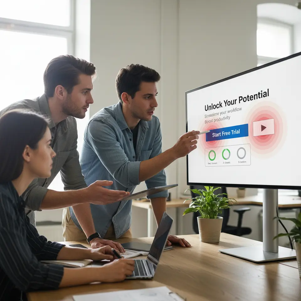 Landing page wireframe showcasing clear visual hierarchy: a bold headline at the top, concise subheads, a prominent primary CTA button above the fold, supportive illustration or video thumbnail, generous whitespace guiding the eye, and a multi-step form with progress indicators—overlaid with heatmap-style highlights to indicate user focus points.