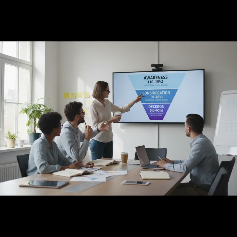A three-tiered marketing funnel diagram labeled Awareness (10–15%), Consideration (30–40%), and Decision (45–60%), each segment annotated with example keyword types (brand terms, comparison queries, purchase-intent phrases) and proportional shading or color gradients to visualize budget allocation across funnel stages.