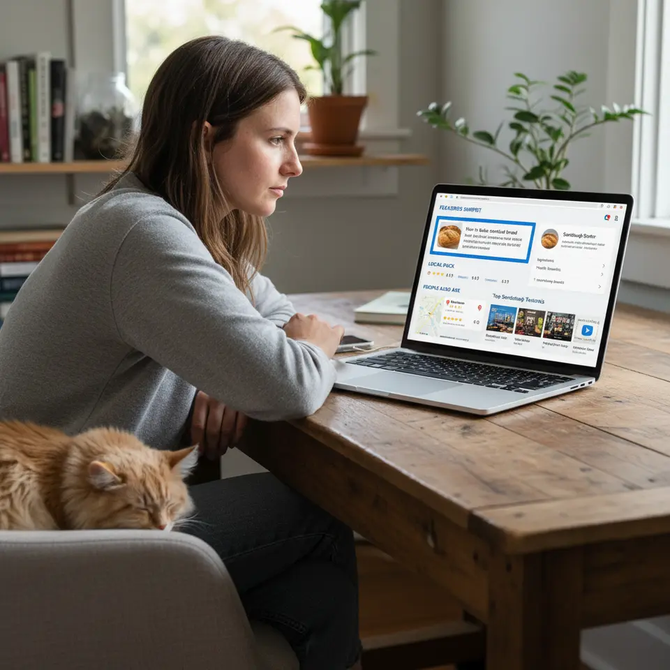 A detailed illustration of a modern search engine results page (SERP) showcasing multiple zero-click features: a featured snippet at the top, a knowledge panel on the right, a local pack with map and reviews, a People Also Ask box, and a video carousel—emphasizing how users get instant answers without clicking through to a website.