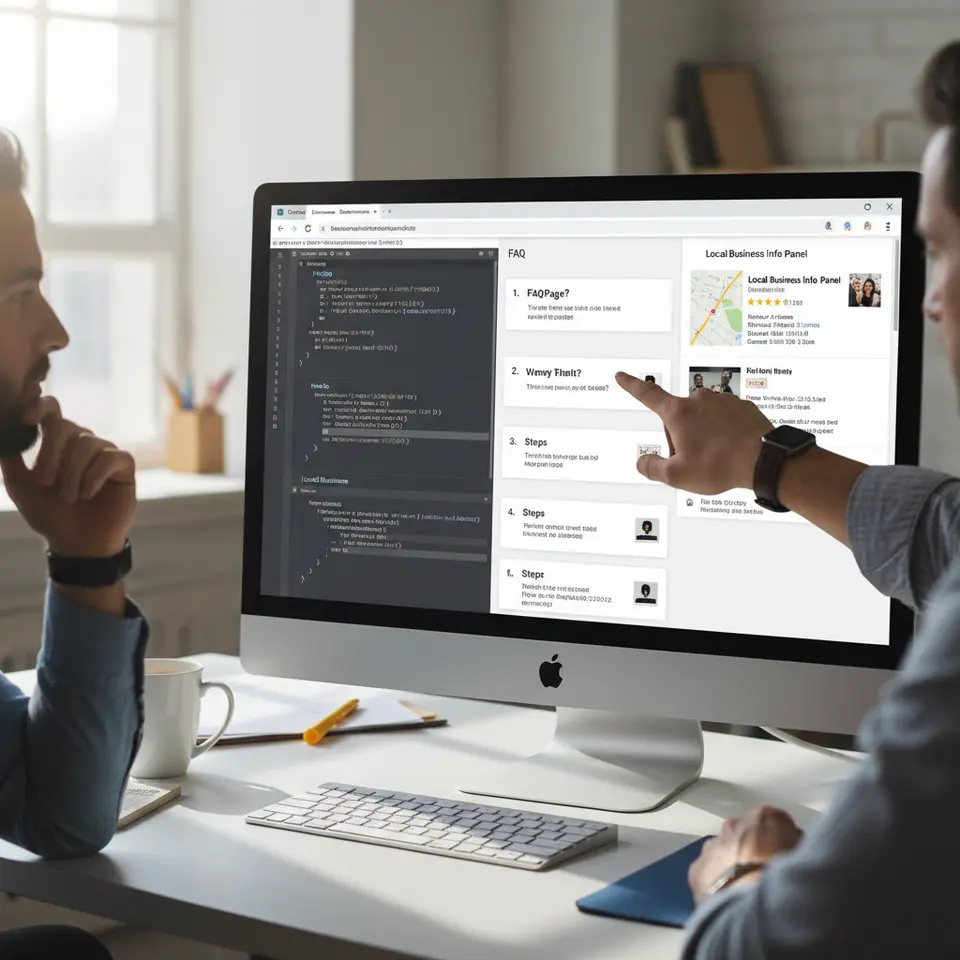 A split-screen visualization of structured data in action: on one side, raw schema markup code blocks (FAQPage, HowTo, LocalBusiness) with labels; on the other side, the corresponding rich results (FAQ accordion, step-by-step HowTo instructions, local business info panel) rendered directly on the SERP.