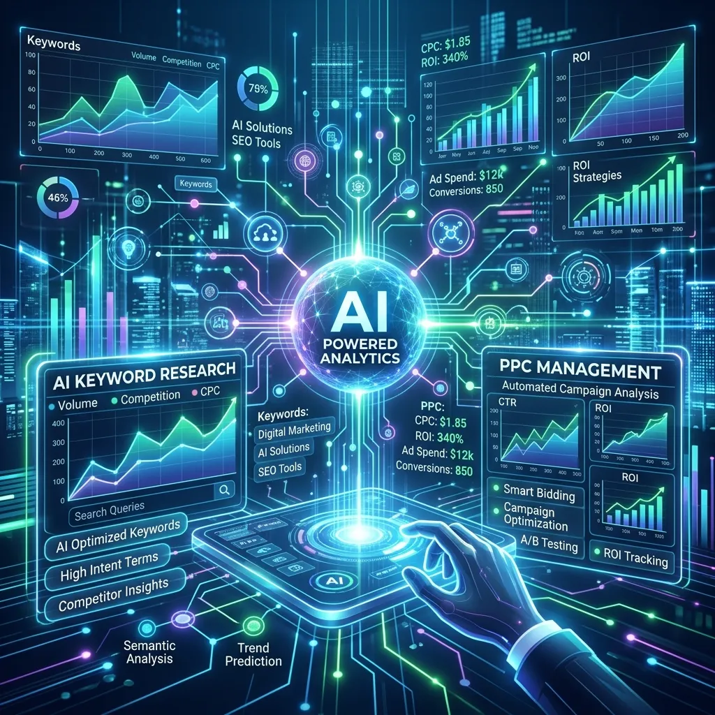 Digital marketer analyzing keyword research, PPC bids, and SEM analytics on multiple screens.