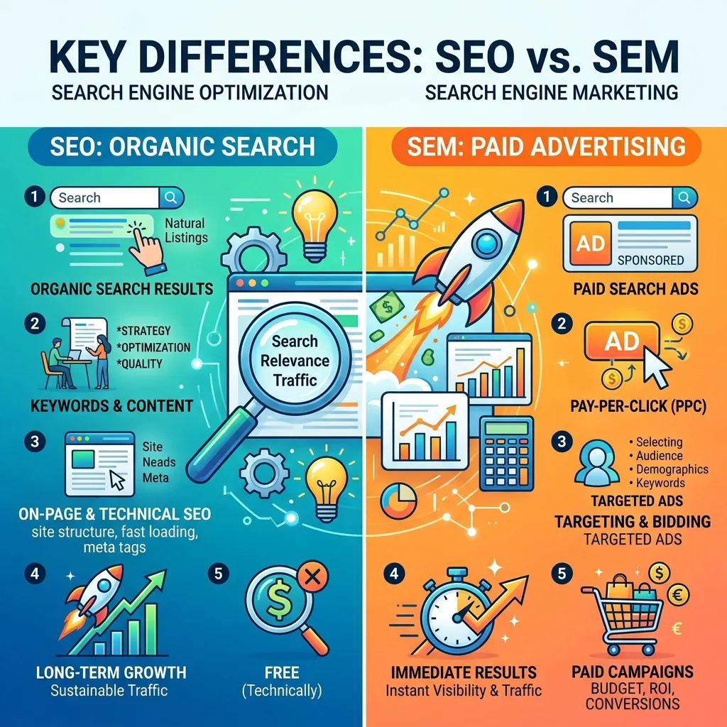 Visual chart comparing SEO and SEM differences in cost, time to results, traffic type, and control over rankings.