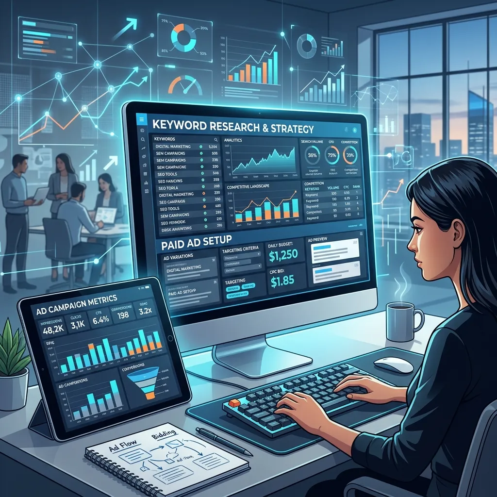 marketer analyzing search keywords and creating Google Ads campaign on laptop dashboard