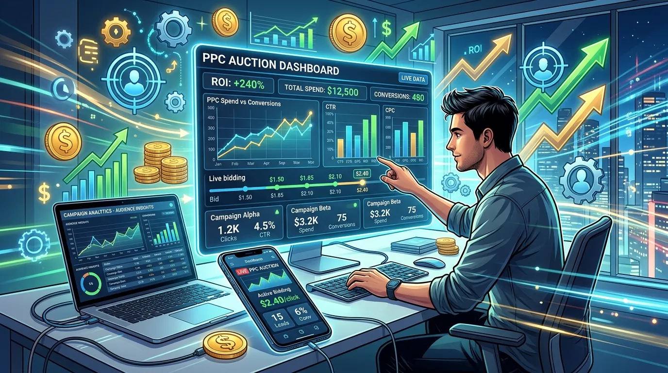 Illustration of a Google Ads-style auction process showing keyword bidding, ad ranking, and performance metrics on a digital dashboard.