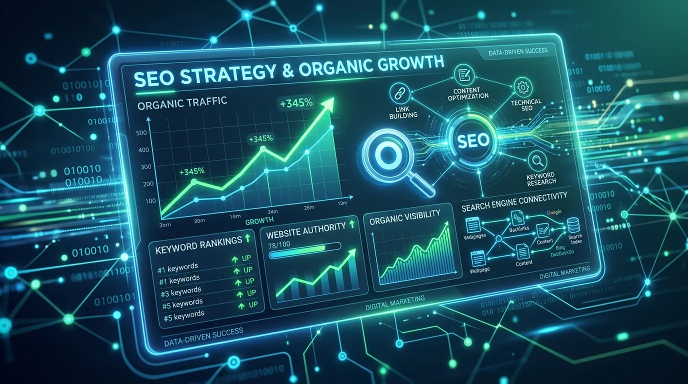Visual representation of SEO strategy including keyword research, content creation, backlinks, and website optimization leading to higher search rankings.