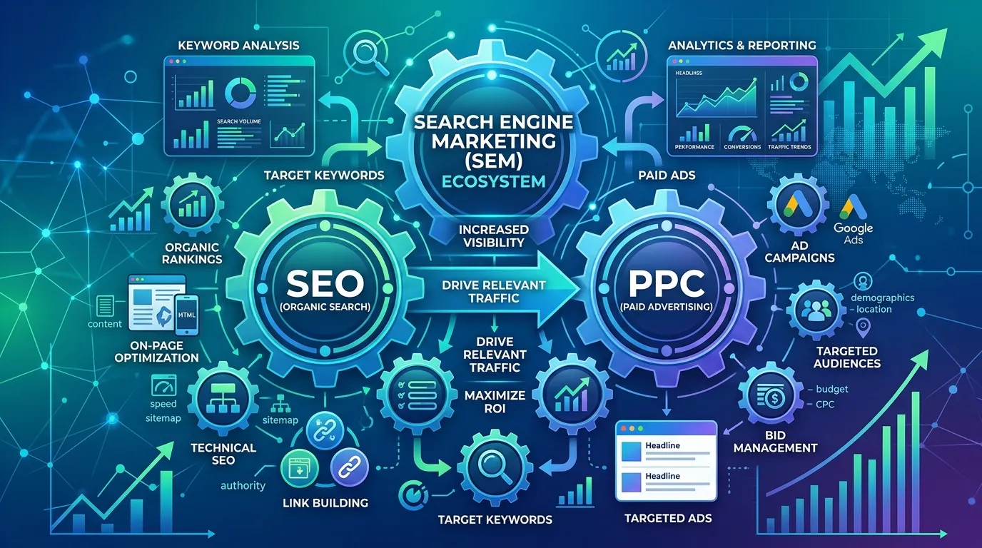 Diagram showing SEM structure with SEO (organic search results) and PPC (paid ads) working together on a search engine results page.