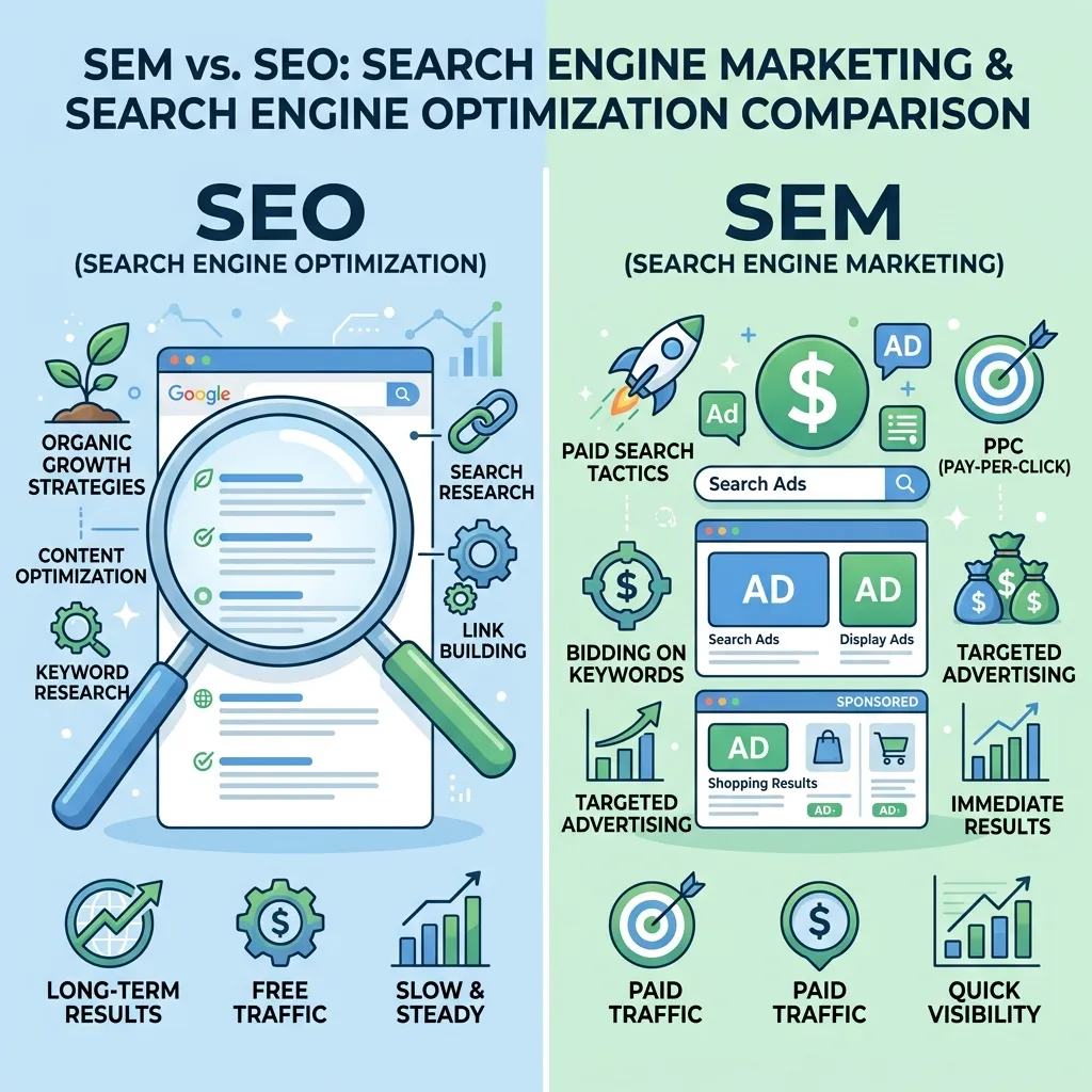 Comparison of paid ads and organic search results on a Google search engine results page showing SEO vs SEM placement.