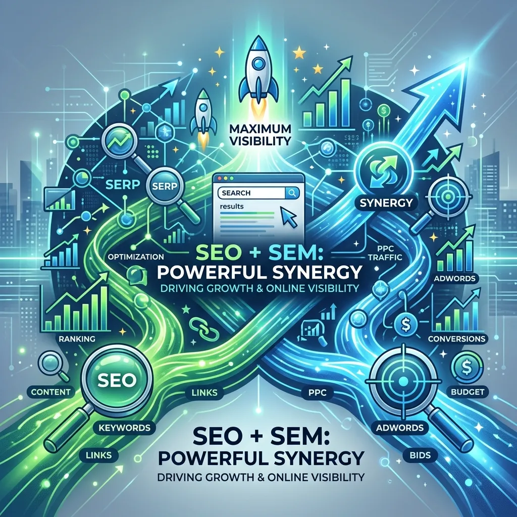 Marketing funnel diagram showing integration of paid search (SEM) and organic search (SEO) strategies driving traffic and conversions.