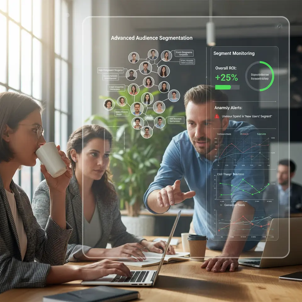 Advanced Audience Segmentation and Monitoring: A visual of diverse user icons clustered into micro-segments based on behavior and purchase propensity, overlaid with a live performance dashboard highlighting segment-specific ROI, anomaly alerts, and interactive charts displaying click-through and conversion trends.