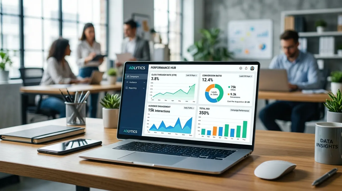 Business team reviewing digital advertising reports showing conversions, ROI, and campaign performance metrics in a modern office setting.