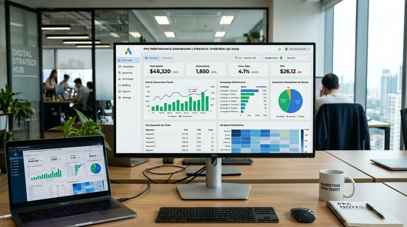 Digital marketing dashboard showing PPC campaign performance, keyword data, and budget allocation analytics on multiple charts.